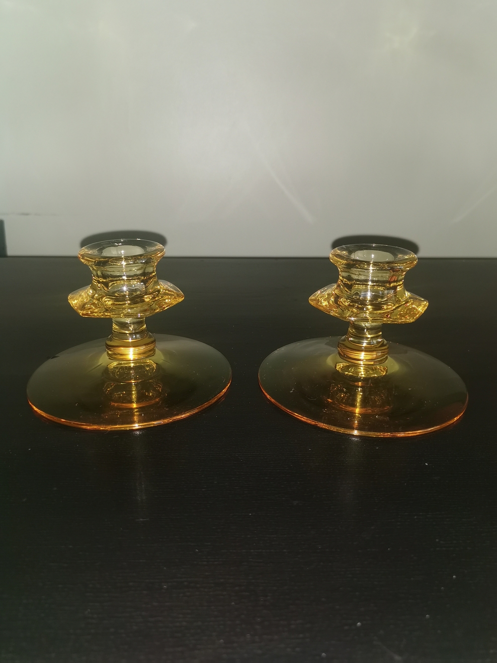 Pair Of Fostoria Fairfax Yellow Depression Glass Candlestick Holders 3.25"